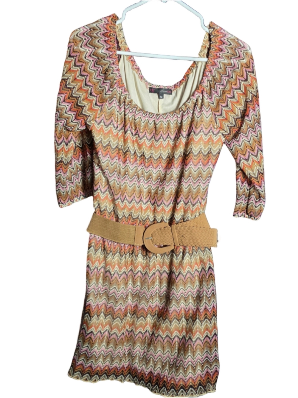 Women's Heart Soul Midi Dress M Orange Beige Chevron western country boho chic